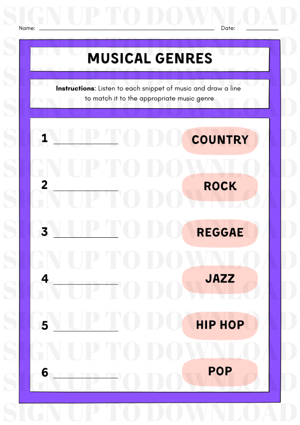 Match The Musical Genres - Worksheet Activity