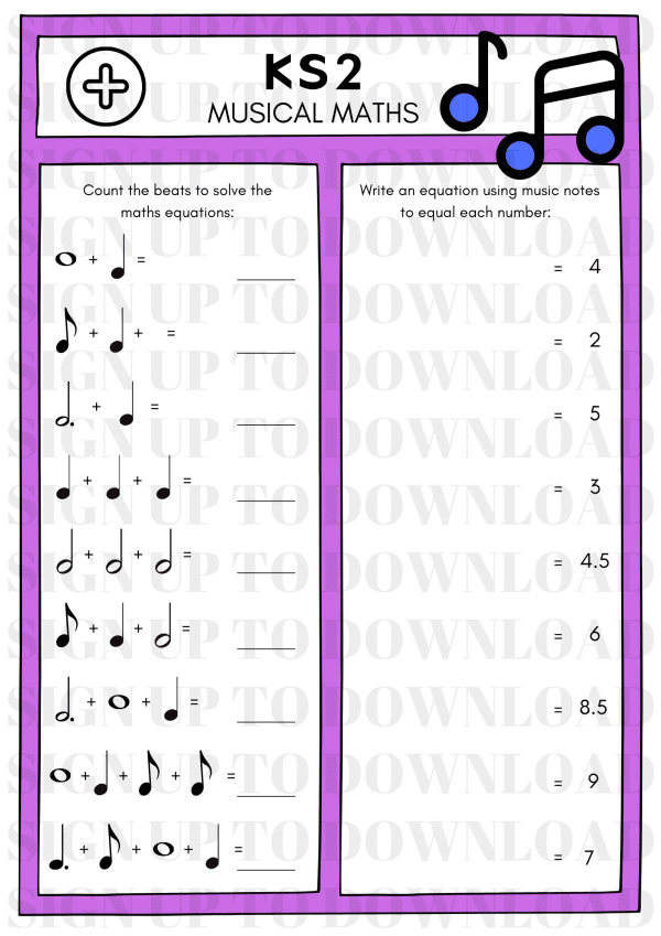 Musical Maths Worksheet - Addition Activity