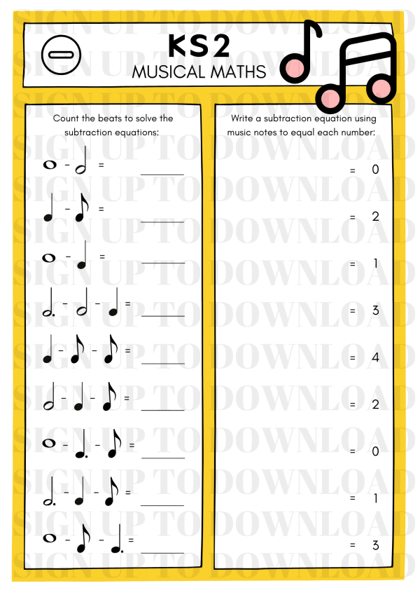 Musical Maths Worksheet - Subtraction Activity