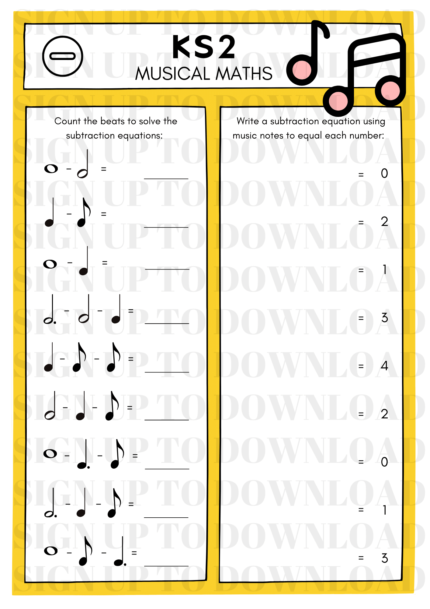 Musical Maths Worksheet Subtraction Activity World Music Day 2024