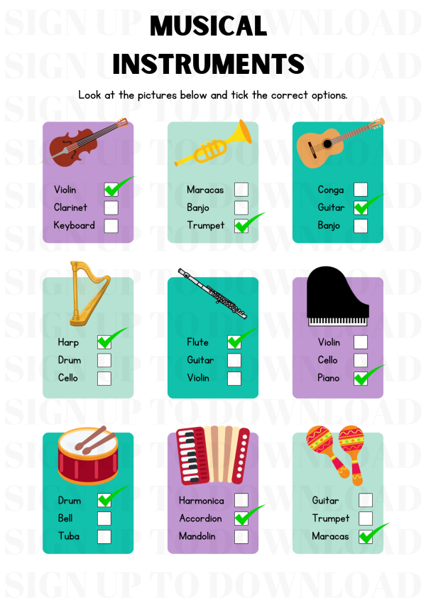 Musical Instruments - Look & Tick Worksheet