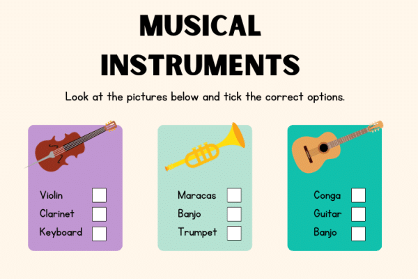 Musical Instruments - Look & Tick Worksheet